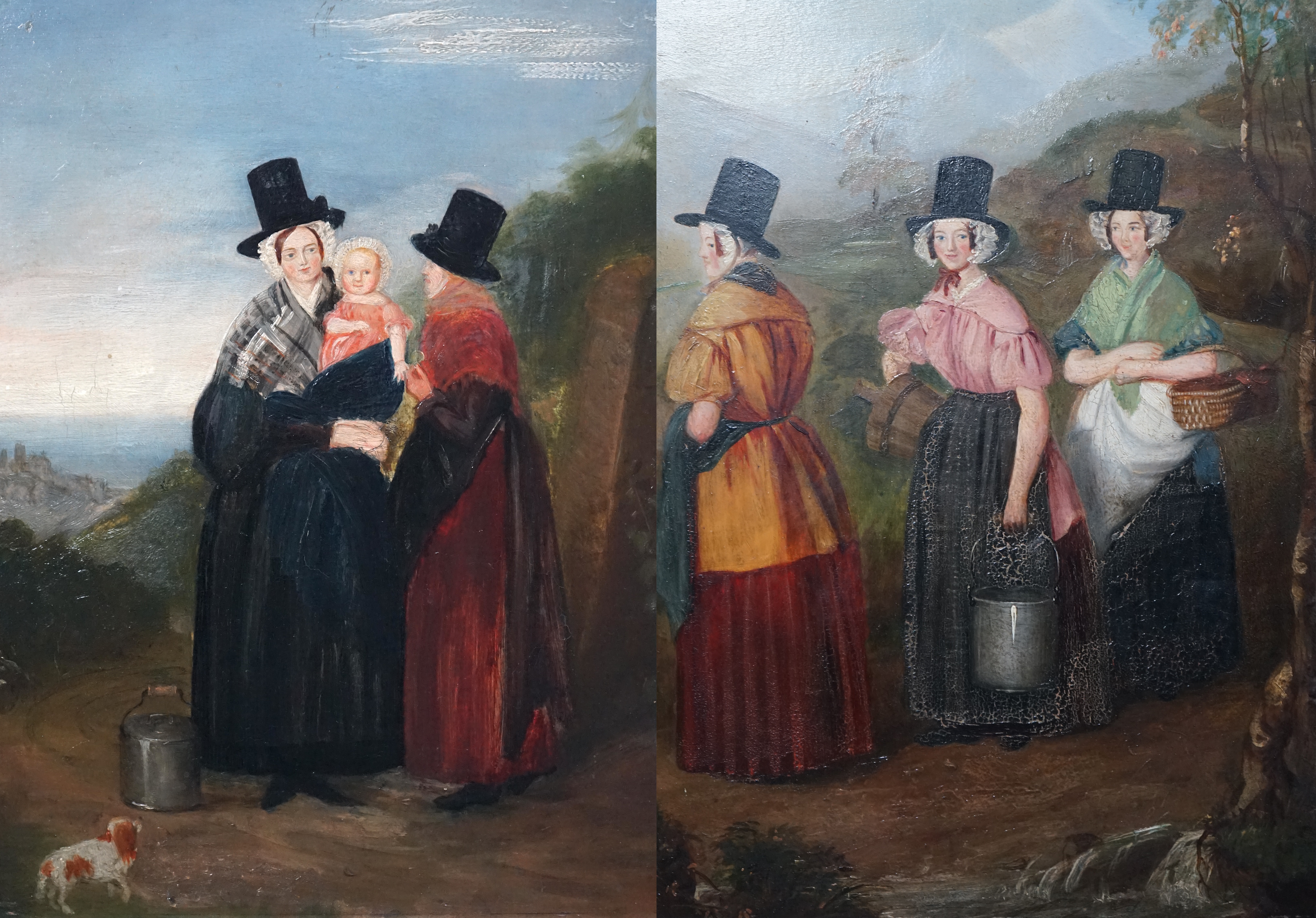 19th Century Welsh School, Welsh women in landscapes, oil on board, a pair, 35 x 25cm